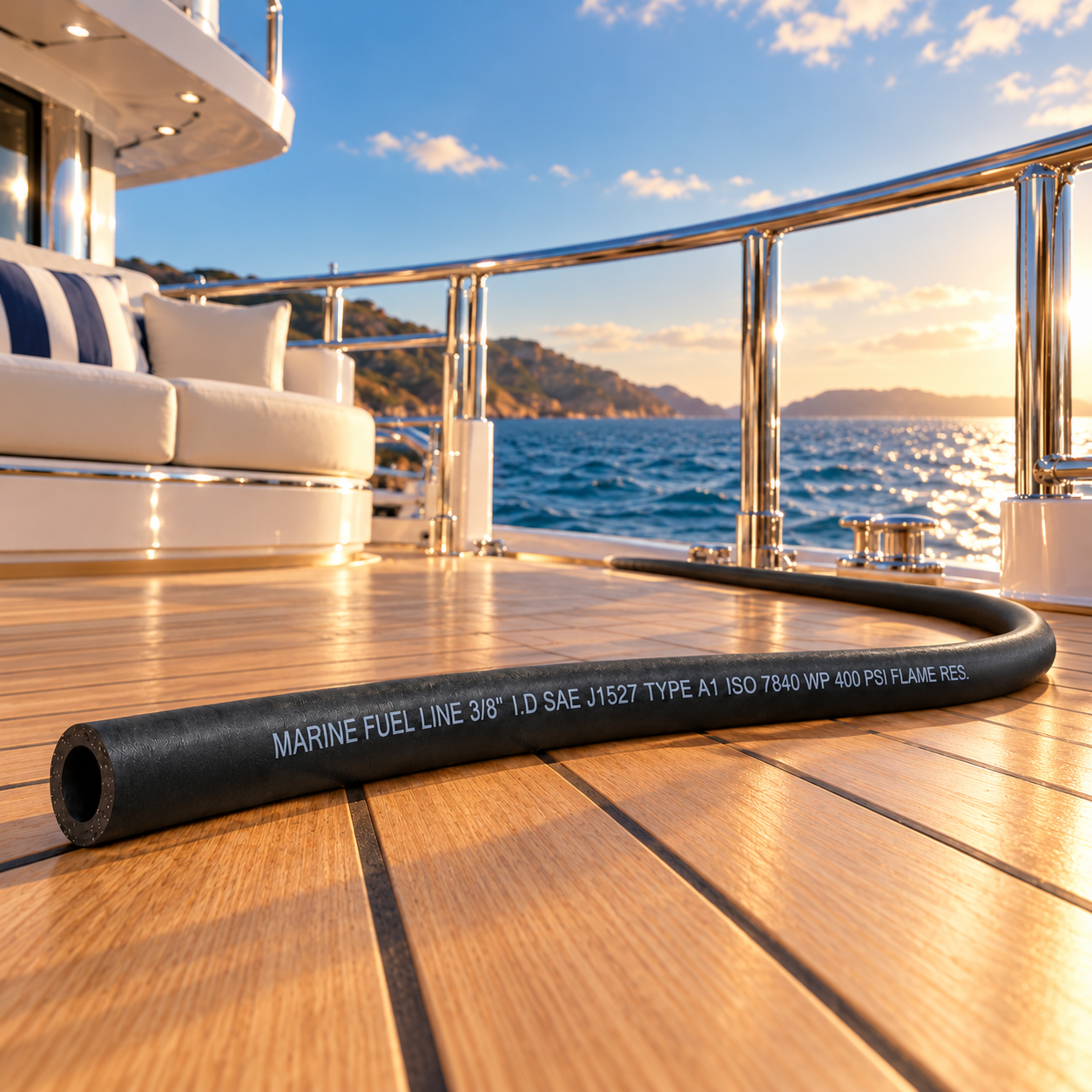 Black 3/8-inch marine fuel hose on a boat deck