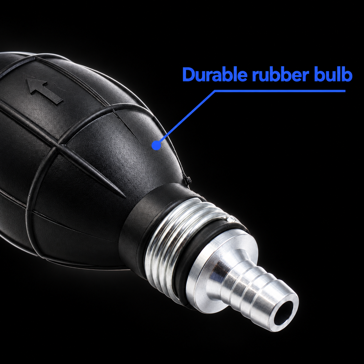 Close-up of durable rubber fuel pump bulb and aluminum hose barb on black