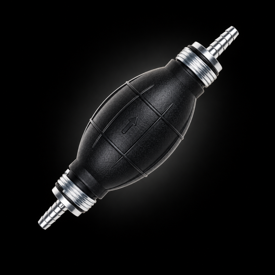 Fuel hand pump on black background with highlighted rubber texture and aluminum barbs