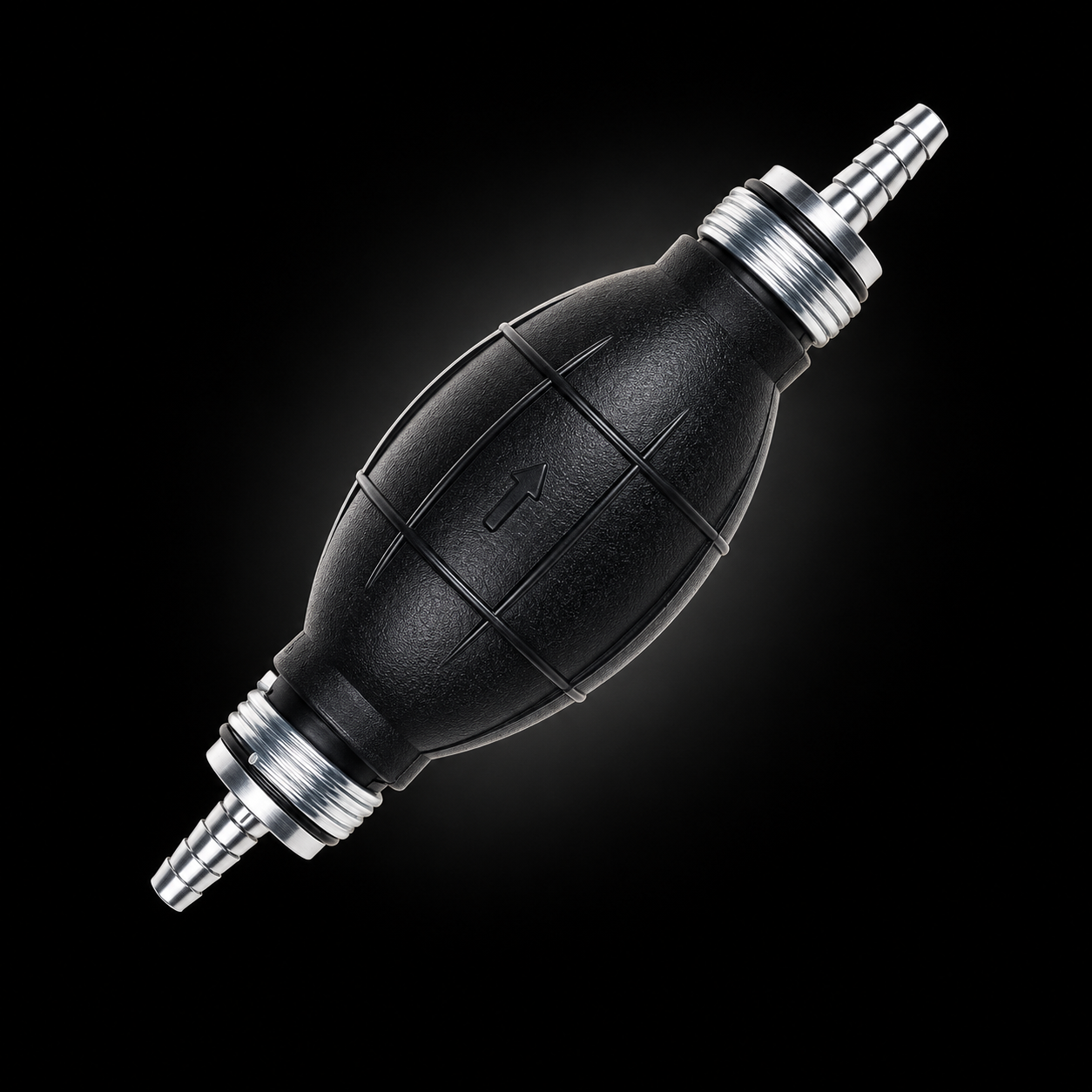 Fuel hand pump on black background with highlighted rubber texture and aluminum barbs