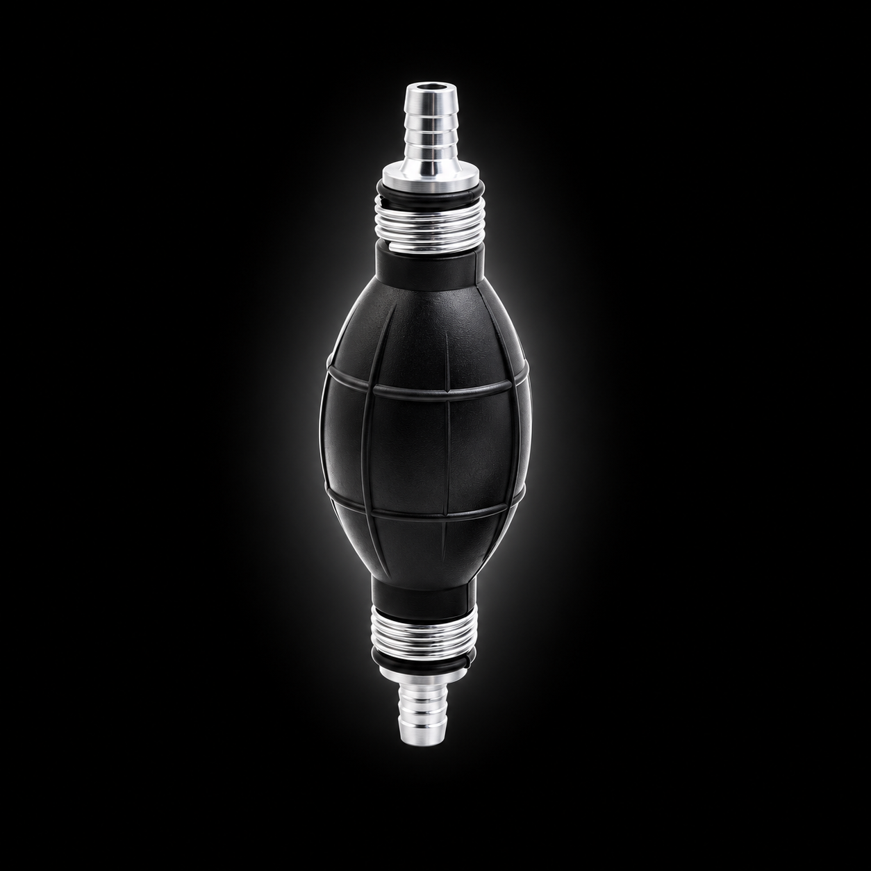 Upright fuel hand pump with silver fittings on black background