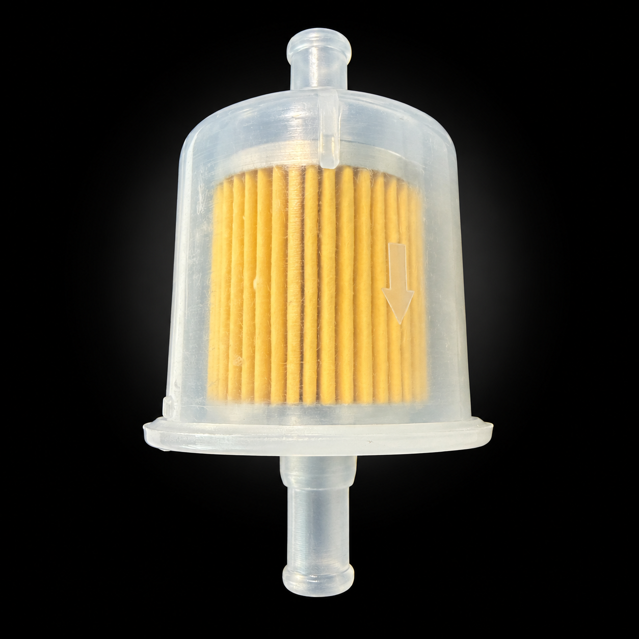 Translucent inline fuel filter with yellow pleated element and molded flow arrow on a black background