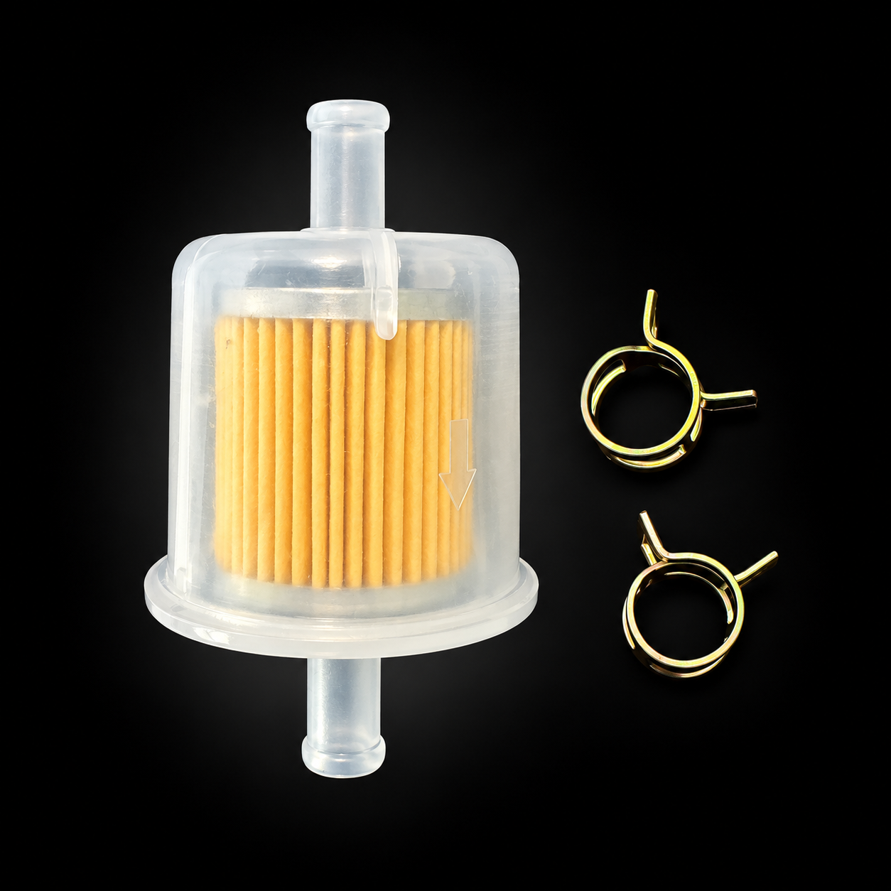 Inline fuel filter with two included spring hose clamps on a black background